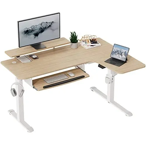 Produktbild: EUREKA ERGONOMIC Höhenverstellbarer Schreibtisch 155x110 cm Großer Eckschreibtisch Höhenverstellbar Schreibtisch Höhenverstellbar Elektrisch Gaming Tisch L Form mit Tastaturablage, LED Monitorständer