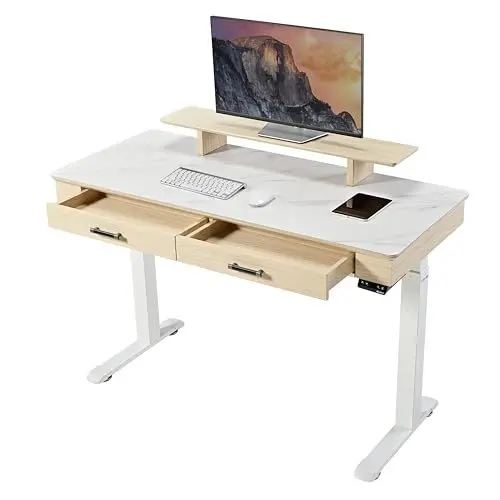 Produktbild: EUREKA ERGONOMIC Höhenverstellbarer Schreibtisch Elektrisch 140x60cm Großer Computertisch mit Schieferplatte Doppelmotor Elektrischer Stehpult Pc Tisch mit Doppelschublade,Monitorständer,APP-Steuerung