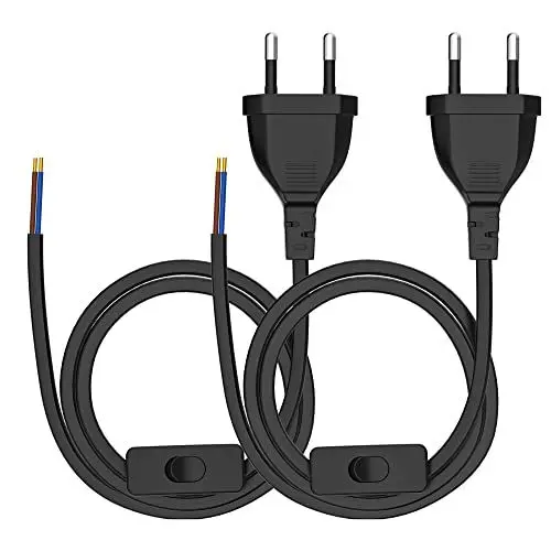 Produktbild: Euro Netzkabel mit Schalter (2 Stück), 3 Meter Euro Stecker Stromkabel, 2 X Ersatzkabel Anschlusskabel mit Schalter Typ C, 2 x 0,75 mm², für Leuchten, Lampen, Leuchtmittel, Schwarz