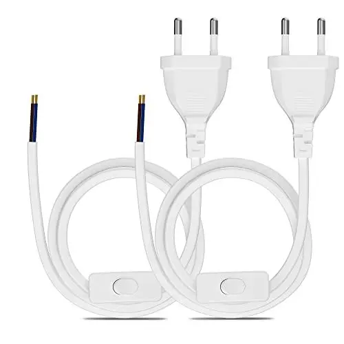 Produktbild: Euro Netzkabel mit Schalter (2 Stück), 3 Meter Euro Stecker Stromkabel, 2 X Ersatzkabel Anschlusskabel mit Schalter Typ C, 2 x 0,75 mm², für Leuchten, Lampen, Leuchtmittel, Weiß