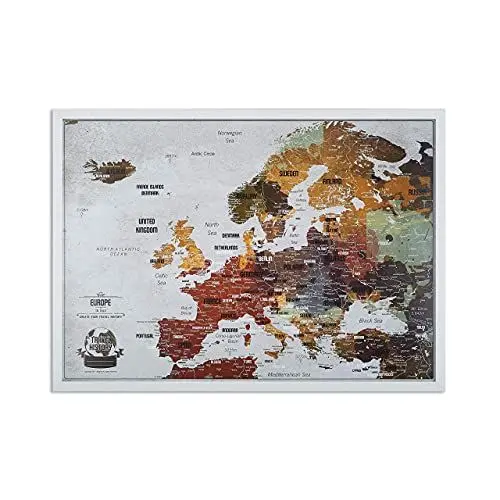 Produktbild: 2Maps Europakarte Pinnwand mit Stecknadeln + Bonus 100 Pins, Abenteuer Karte mit Rahmen, Personalisierte Karten mit Originalfarben, Hergestellt in der EU, 43x53x3 cm, Natürlicher Holzrahmen