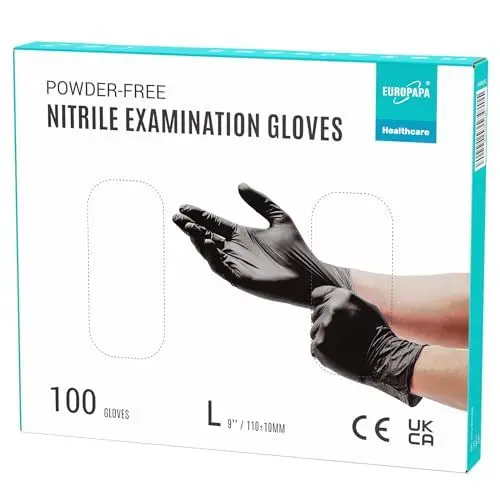 Produktbild: EUROPAPA 100x Nitrilhandschuhe Box Einweghandschuhe, Einmalhandschuhe, Untersuchungshandschuhe, Nitril Handschuhe, puderfrei, ohne Latex, unsteril, latexfrei, disposible gloves (L, Schwarz)