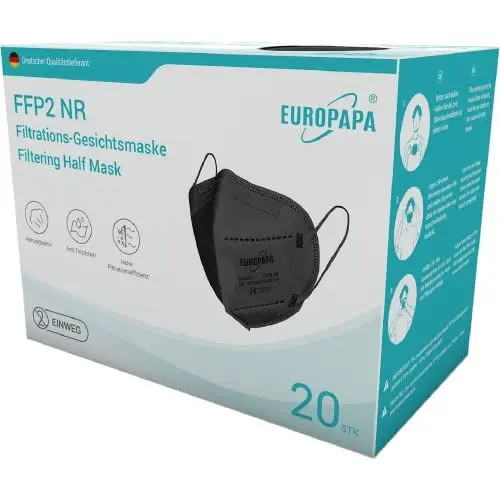 Produktbild: EUROPAPA 20x FFP2 Schwarz Maske Atemschutzmaske 5-Lagen Staubschutzmasken hygienisch einzelverpackt Stelle zertifiziert EN149:2001+A1:2009 Mundschutzmaske EU2016/425
