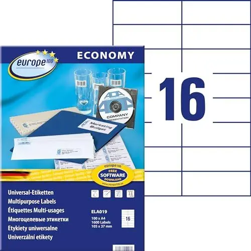 Produktbild: Europe100 Art. ELA019 Adressaufkleber (1.600 Klebeetiketten, 105x37mm auf A4, Papier matt, individuell bedruckbar, selbstklebende Adressetiketten, kompatibel zu AVERY 3484) 100 Blatt, weiß