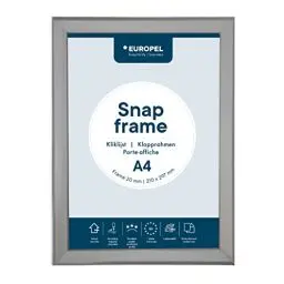 Produktbild: EUROPEL Klapprahmen A4 mit 20 mm Aluminium-Profil - aufklappbarer Plakatrahmen mit Gehrungsecke - Schnapprahmen für u.a. Poster, Zertifikate, Fotos & Werbemittel - Silber