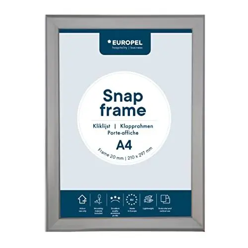 Produktbild: EUROPEL Klapprahmen A4 mit 20 mm Aluminium-Profil - aufklappbarer Plakatrahmen mit Gehrungsecke - Schnapprahmen für u.a. Poster, Zertifikate, Fotos & Werbemittel - Silber