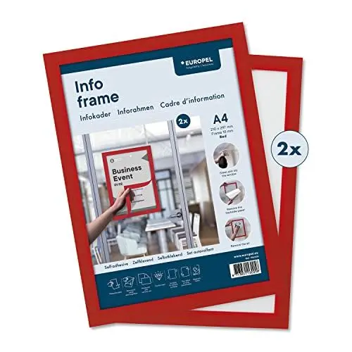 Produktbild: EUROPEL Selbstklebender magnetischer Info-Rahmen aus PVC, A4 Rot, 2er Set, einfach ablösbar durch Magnet, doppelseitig, Hoch- oder Querformat, 32,5 x 23,8 cm