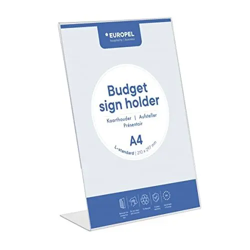 Produktbild: Europel Budget Tischaufsteller, L-Ständer, DIN A4 Hoch, Polystyrol 1,5 mm, Speisekarten- & Prospektständer für Restaurants, Hotels, Konferenz & Rezeption