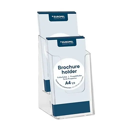 Produktbild: Europel Prospekhalter mehrfach, aus glasklarem, recyclebarem Polystyrol, Format 1/3 A4, 2 Fächer, Außenmaße 123x199x108 mm, Fülltiefe pro Fach 31mm