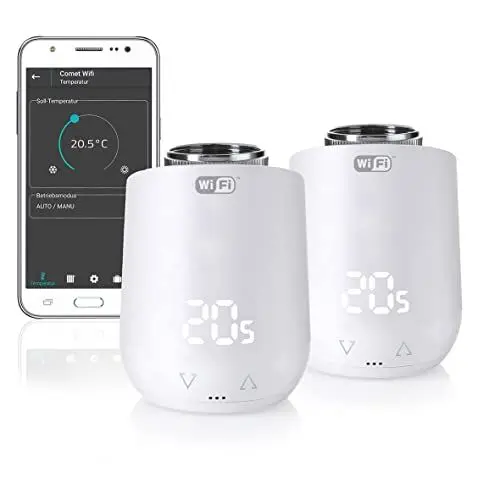 Produktbild: Eurotronic 700200 Comet Wifi 2021 Heizkörperthermostat (Heizen per WLAN, mit Alexa kompatibel, Heizkosten sparen, Raumtemperatur von unterwegs regulieren, Smart Home Zubehör 2er Bundle)
