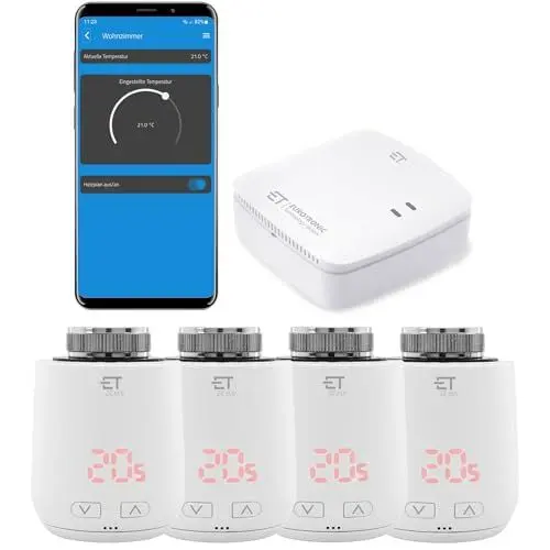 Produktbild: Eurotronic Comet ZZ eco: 4-mal Smartes ZigBee Heizkörperthermostat. ZigBee Funk Heizungssteuerung Set inkl. gratis App und Gateway.