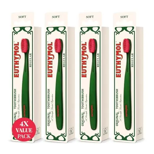 Produktbild: Euthymol Regular Zahnbürste x 4, Kompakt Klein Voller Kopf, Weiche Borsten, Dreifach Ergonomisch gebogen Handzahnbürsten, Empfindlich Zahnfleisch Zähne, Täglich Oral Emaille Zahnpflege