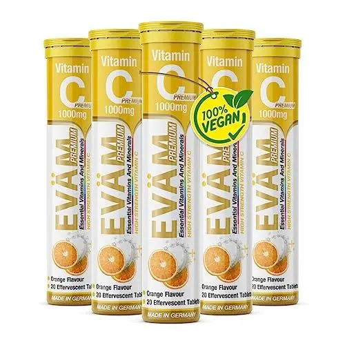 Produktbild: EVÄM Premium Vitamin C 1000mg Brausetabletten I Geschmack Orange I 5x 20 Stück I hochdosiert I Nahrungsergänzungsmittel zur Unterstützung des Immunsystems I zuckerfrei I Made in Germany