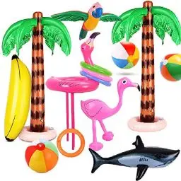 Produktbild: Evance 14 Stücke Aufblasbare Palmen Flamingo Spielzeug Aufblasbare Bananenstrandbälle Fliegen Papagei Hai mit Ringwurfspiel Aufblasbare Flamingo Wurfspiel Pool Spielzeug (14 PCS)