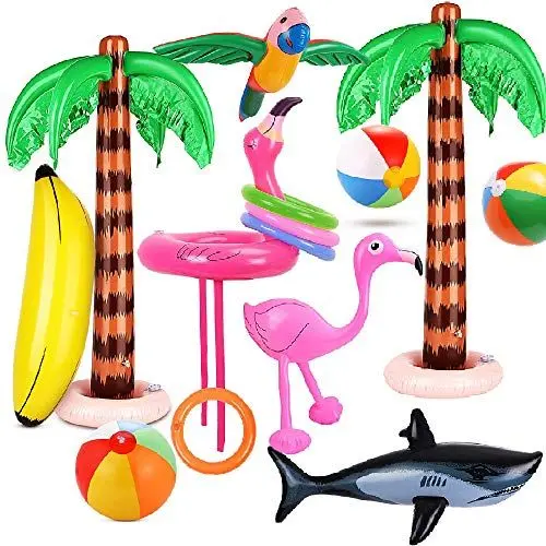 Produktbild: Evance 14 Stücke Aufblasbare Palmen Flamingo Spielzeug Aufblasbare Bananenstrandbälle Fliegen Papagei Hai mit Ringwurfspiel Aufblasbare Flamingo Wurfspiel Pool Spielzeug (14 PCS)