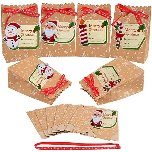 Produktbild: Evance 24 Stücke Weihnachten Geschenktaschen Papiertüte mit 24 Weihnachtsanhänger und 24 Weihnachtsbänder, Geschenktüten Kraftpapier Schokolade Süßigkeiten Geschenkbox Partytasche(12 x 7 x 18.5cm)