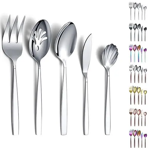 Produktbild: Evanda 5 Stück Besteck, Edelstahlbesteck, Servierbesteck, Servierlöffel, Schaumlöffel, Serviergabel, Zuckerlöffel, Butterstreuer, spülmaschinenfest