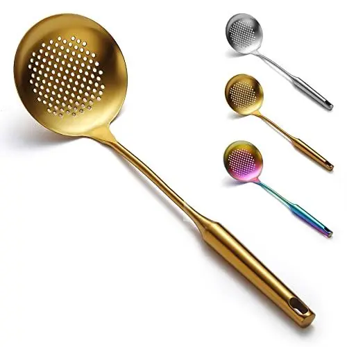 Produktbild: Evanda Abschäumer, 38 cm Edelstahl-Küchensieb mit Gold-Titan-Beschichtung, Schlitzlöffel, mit Komfortgriff und Aufhängelöchern, Siebe für die Küche