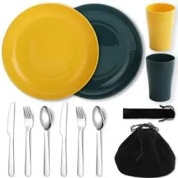 Produktbild: Evanda Camping Besteck Set 10 teilig, wiederverwendbarer Leichter Becher, Teller und Edelstahlbesteck mit schwarzer Tasche, für Camping 2 Person, spülmaschinenfest