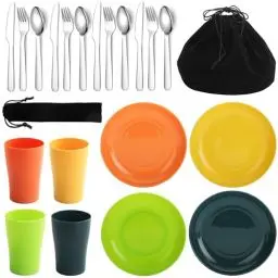 Produktbild: Evanda Camping Besteck Set 20 teilig, wiederverwendbarer Leichter Becher, Teller und Edelstahlbesteck mit schwarzer Tasche, für Camping 4 Person, spülmaschinenfest