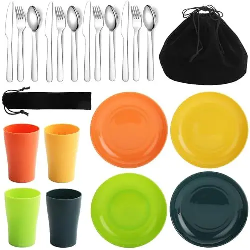 Produktbild: Evanda Camping Besteck Set 20 teilig, wiederverwendbarer Leichter Becher, Teller und Edelstahlbesteck mit schwarzer Tasche, für Camping 4 Person, spülmaschinenfest