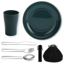 Produktbild: Evanda Camping Besteck Set 5 teilig, wiederverwendbarer Leichter Becher, Teller und Edelstahlbesteck mit schwarzer Tasche, für Camping 1 Person, spülmaschinenfest