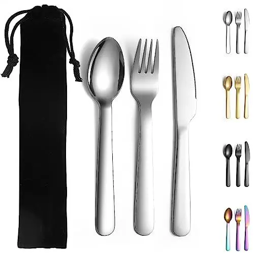 Produktbild: Evanda Campingbesteck, inklusive Messer, Gabel, Löffel, Edelstahl Reisebesteck mit schwarzer Tasche, für Outdoor, Picknick, Camping, Reisen, spülmaschinenfest