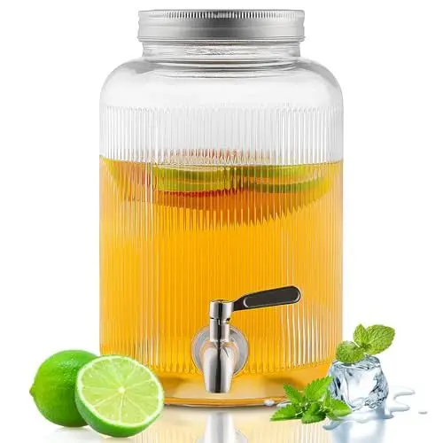 Produktbild: Evanda Getränkespender aus Glas mit auslaufsicherem Edelstahlhahn, 4L Eisspender, Getränkespender für Früchteteekanne zur Herstellung von Eistee, Limonade und Säften