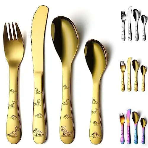 Produktbild: Evanda Gold Kleinkinderbesteck, Gold Titan beschichtet 4 Stück Edelstahl Kleinkinderbesteck, Kinderbesteck Gabeln und Löffel, spiegelpoliert glattes rundes Geschirr und spülmaschinenfest