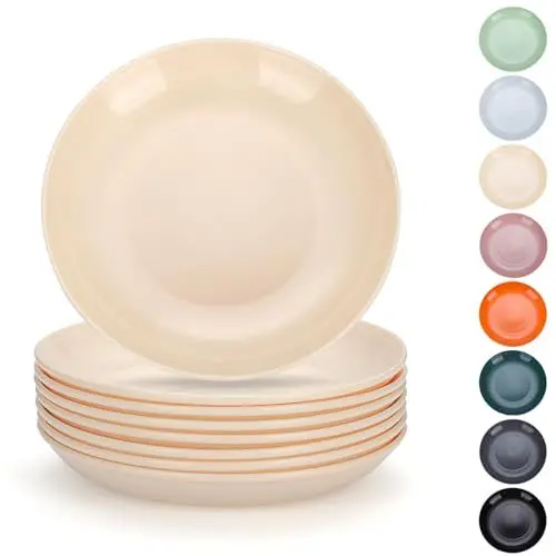 Produktbild: Evanda Kunststoff Teller Set 8er, Essteller 20cm unzerbrechliches wiederverwendbares Geschirr für alle Zwecke und jedes Alter, mikrowellengeeignet BPA frei spülmaschinenfest (Käse Weiß)
