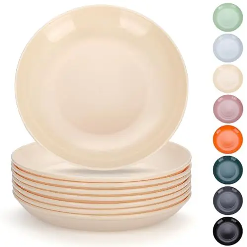 Produktbild: Evanda Kunststoff Teller Set 8er, Essteller 24cm unzerbrechliches wiederverwendbares Geschirr für alle Zwecke und jedes Alter, mikrowellengeeignet BPA frei spülmaschinenfest (Käse Weiß)