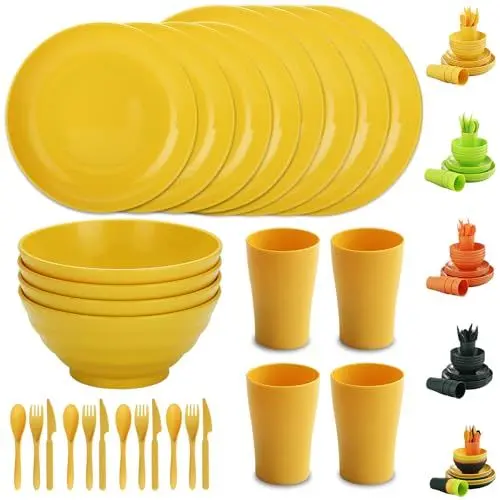 Produktbild: Evanda Plastikgeschirr Set 28 Stück, wiederverwendbare leichte Becher, Schüsseln, Geschirr, Messer, Gabeln, Löffel für Camping Picknicks und den täglichen Gebrauch, spülmaschinenfest (Gold Gelb)
