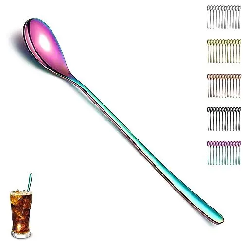 Produktbild: Evanda Regenbogen Latte Macchiato Löffel Set von 12 Stück, Titanium Plating Regenbogen Edelstahl Teelöffel, Rühren Bar Löffel, Kaffeelöffel, Eislöffel, Cocktail Löffel
