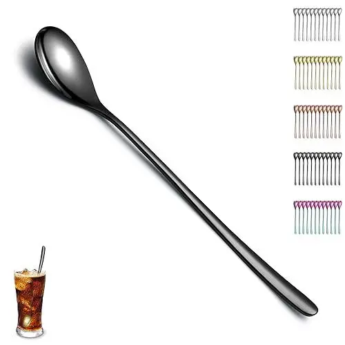 Produktbild: Evanda Schwarzer Latte Macchiato Löffel, 12 teiliges Set, Titanbeschichtung, schwarzer Edelstahl Teelöffel, Rührlöffel, Kaffeelöffel, Eislöffel, Cocktail Löffel