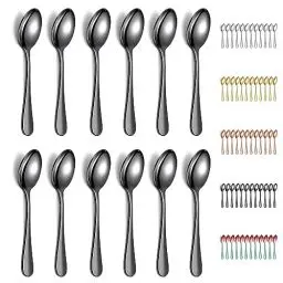 Produktbild: Evanda Teelöffel Schwarz 12er 14cm, Kaffeelöffel aus Titainium schwarz plattieren Edelstah, Espressolöffel, Dessertlöffel, Kleine Löffel, Besteck für Tee, Kaffee, Dessert, spülmaschinenfest