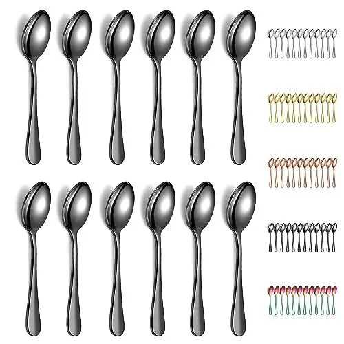 Produktbild: Evanda Teelöffel Schwarz 12er 14cm, Kaffeelöffel aus Titainium schwarz plattieren Edelstah, Espressolöffel, Dessertlöffel, Kleine Löffel, Besteck für Tee, Kaffee, Dessert, spülmaschinenfest