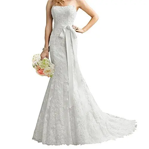 Produktbild: EVANKOU Damen Lang Spitze Brautkleider Hochzeitskleid Schulterfreie Schulterfrei Braut Kleid Elfenbein Größe 34