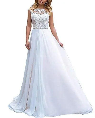 Produktbild: EVANKOU Damen Spitze Chiffon Hochzeitskleid Lang Elegant Brautkleid Abendkleider P30 Weiß Größe 38