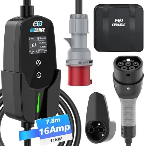 Produktbild: EVDANCE Mobile Wallbox 11kW (7.8m 3-Phasig 6-16A) Typ 2 Ladekabel CEE 16A auf Typ 2 mit Einstellbarer Ladeleistung für Elektroauto