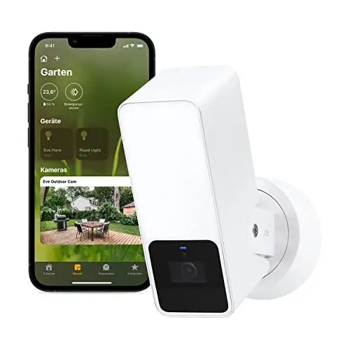 Produktbild: Eve Outdoor Cam (White Edition) – Smarte Überwachungskamera, Flutlicht, Nachtsicht, Bewegungsmelder, Gegensprechanlage, flexible Installation, WLAN, höchster Datenschutz mit Apple HomeKit Secure Video