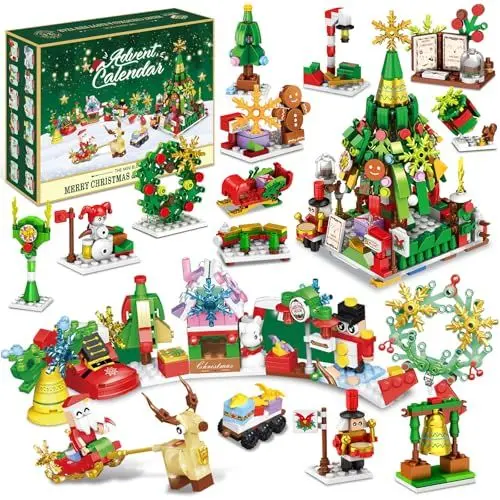 Produktbild: Eveanro Adventskalender 2024, 24 Schachteln Weihnachts-Countdown-Adventskalender, 12-in-1-Weihnachtsbaum und Straßen-Bausteine-Set, füllung Kinder Teenager Jungen Mädchen Frauen Männer