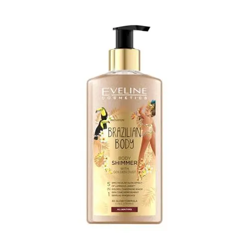 Produktbild: Eveline Cosmetics Brazilian Body Golden Shimmer Körperöl mit Argan-, Macadamia-, Mandel- und Moringaölen - 150ml | Vegane feuchtigkeitsspendende Formel für strahlende Haut