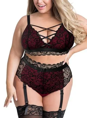 Produktbild: EVELUST Damen Sexy Dessous Set Große Größen Erotische Lingerie Unterwäsche Reizwäsche Spitzen BH und Höhe Taille Strumpfgürtel Belt Panty mit Blumenmuster Stickerei und Netz(BlackRed,3XL,8281w)