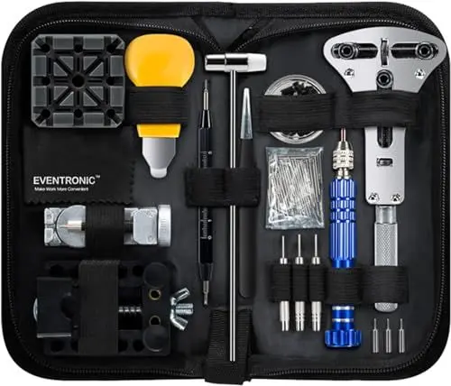 Produktbild: <strong>Upgrade 2025:</strong> Eventronic Uhrenwerkzeug Set, Uhr Batteriewechsel Werkzeug Uhren Reparatur, Uhrmacherwerkzeug set mit Uhrenoffner öffner, Schraubendreh, Federstegwerkzeug, Schwarze Nylontasche