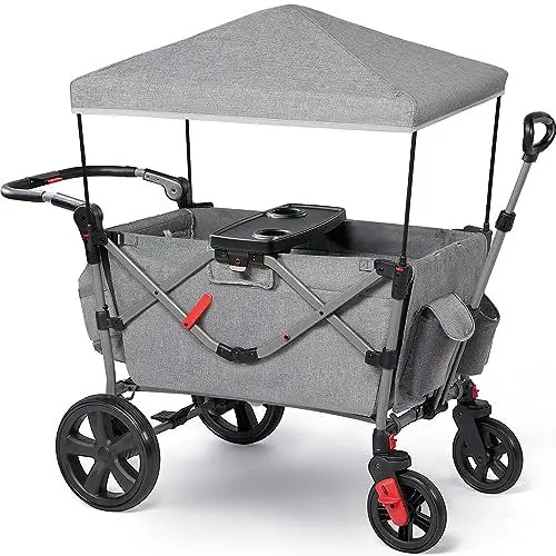 Produktbild: EVER ADVANCED Bollerwagen für 2 Kinder Faltbar mit Dach, Kinderwagen 2x5 Punkt Sicherheitsgurt mit Wickelrucksack, Bollerwagen mit Sitz, Handwagen Transportwagen, Ziehen & Schieben, Fußbremse