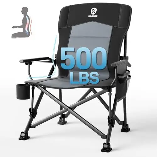 Produktbild: EVER ADVANCED Campingstuhl Faltbar 230KG Belastbar XL Lendenwirbelstütze Klappstuhl 62cm Sitzbreit mit Seitentasche Getränkehalter Übergroß Faltstuhl Angelstuhl für Camping Outdoor Balkon Garten