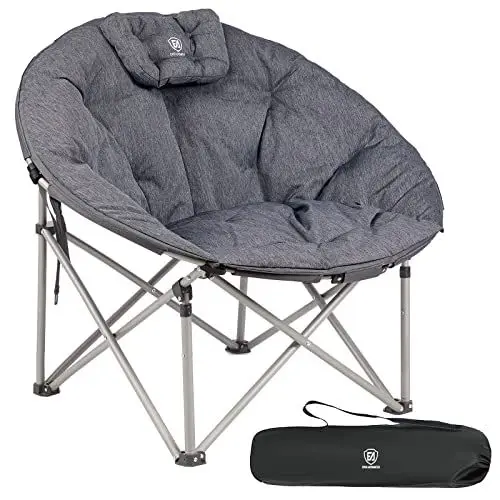 Produktbild: EVER ADVANCED Luxus Campingstuhl Faltbar Moonchair XXL 150KG Rund Klappstuhl Dick Gepolstert, Übergroßer Faltsessel Hohe Rückenlehne mit Kissen, Extra Breit für Outdoor Garten Balkon Indoor, Grau