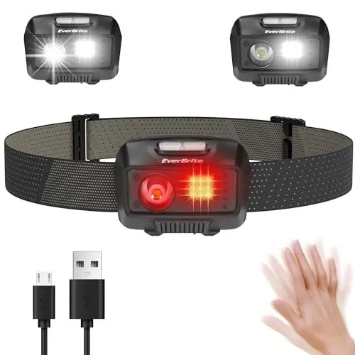 Produktbild: EverBrite Stirnlampe LED wiederaufladbar, 500 Lumen Schwarz Kopflampe mit 5 Modi, Rotlicht und Bewegungssensor, 80g leichte Stirnleuchte für Joggen, Wandern, Camping (inkl. Micro USB Kabel)