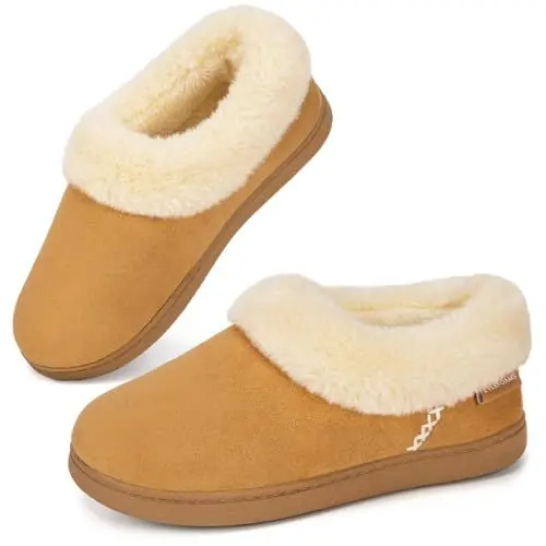 Produktbild: EverFoams Damen Geschlossener Rücken Hausschuhe Microsuede Flauschig Warm Kunstfell Memoryschaum Innen Außen Pantoffeln Tan, 38-39 EU