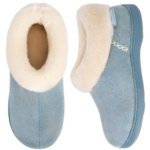 Produktbild: EverFoams Damen Hausschuhe aus Mikro-Wildleder flauschig mit Plüsch gefüttert mit gemütlichem Memory-Schaum blau, 38/39 EU